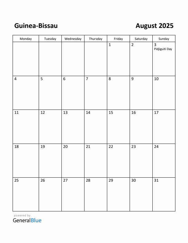 August 2025 Calendar with Guinea-Bissau Holidays