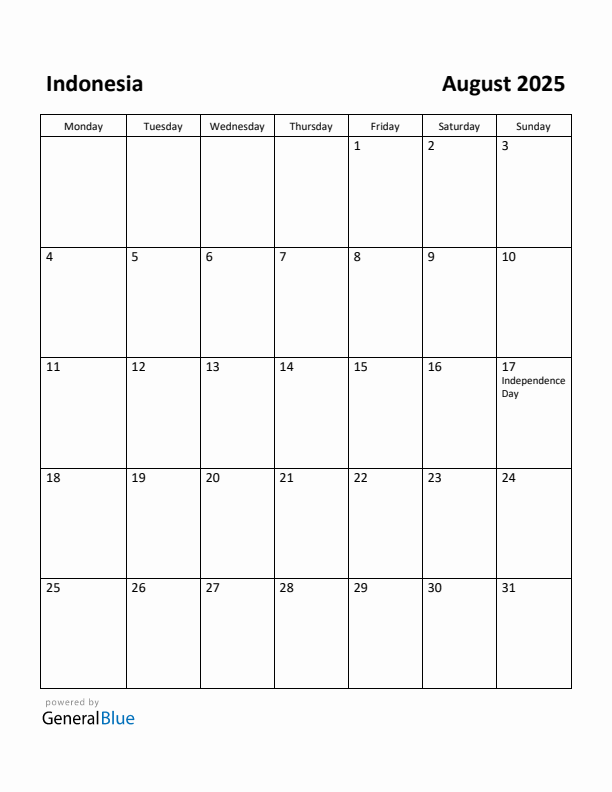 August 2025 Calendar with Indonesia Holidays