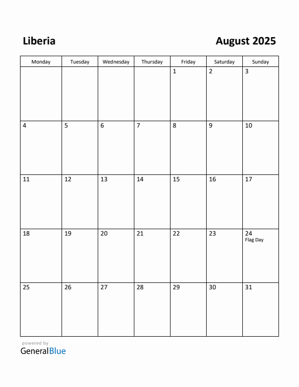 August 2025 Calendar with Liberia Holidays