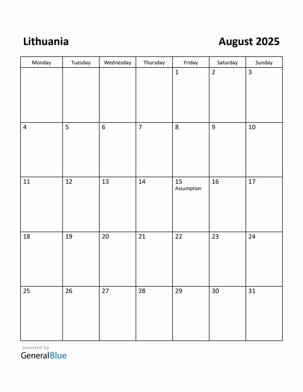 August 2025 Calendar with Lithuania Holidays