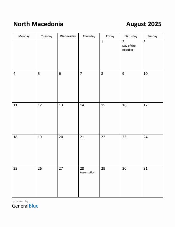 August 2025 Calendar with North Macedonia Holidays