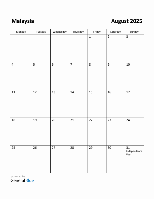August 2025 Calendar with Malaysia Holidays