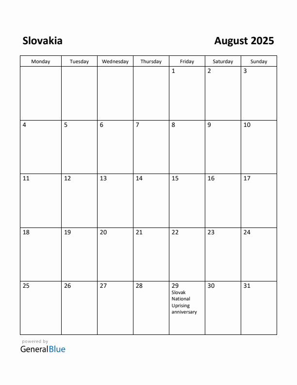 August 2025 Calendar with Slovakia Holidays
