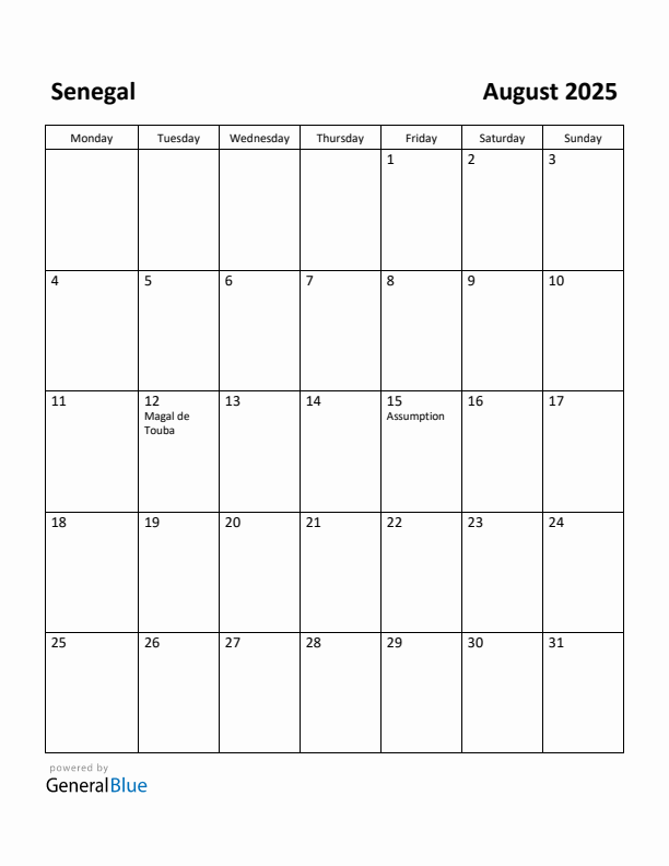 August 2025 Calendar with Senegal Holidays