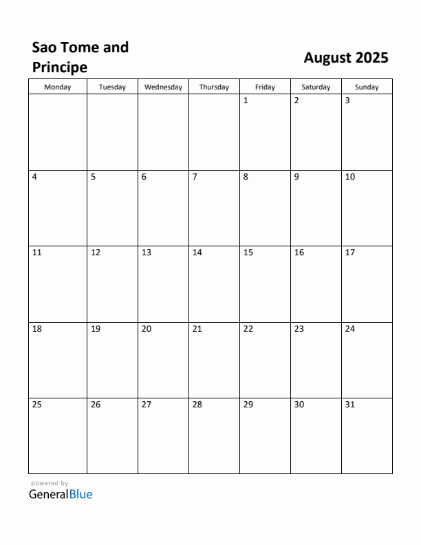 August 2025 Calendar with Sao Tome and Principe Holidays
