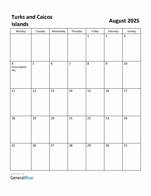 August 2025 Calendar with Turks and Caicos Islands Holidays