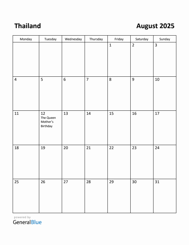 August 2025 Calendar with Thailand Holidays