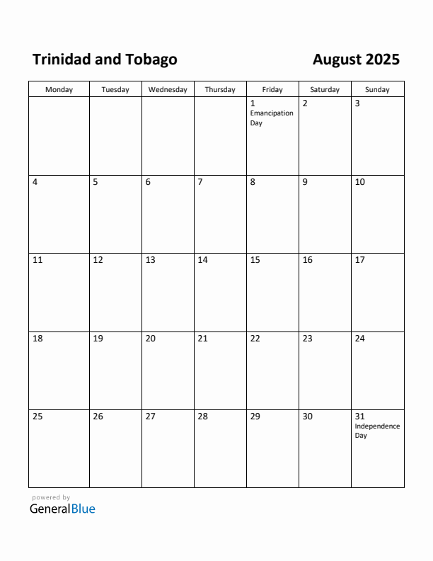 August 2025 Calendar with Trinidad and Tobago Holidays