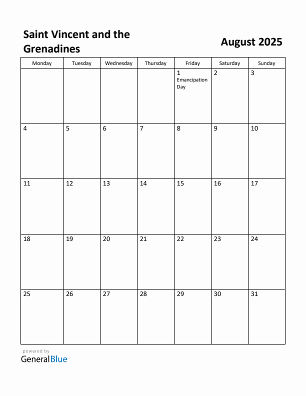 August 2025 Calendar with Saint Vincent and the Grenadines Holidays
