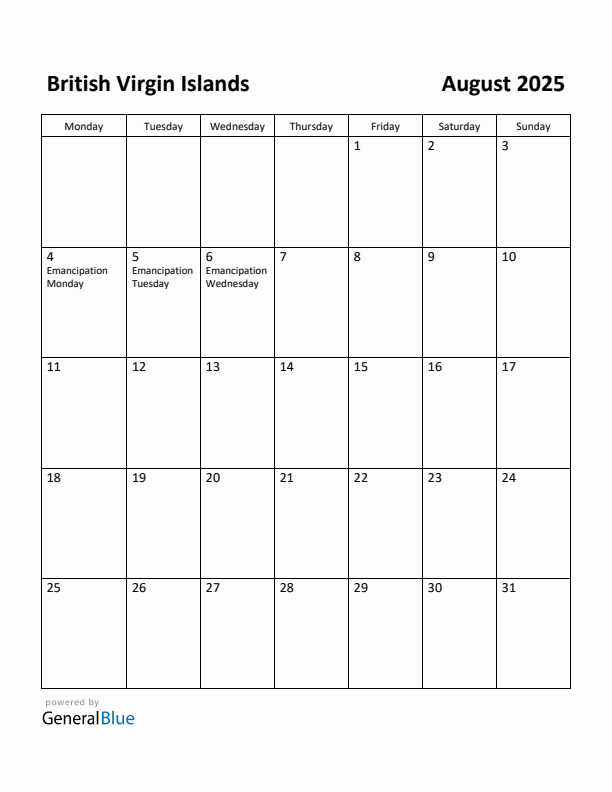 August 2025 Calendar with British Virgin Islands Holidays