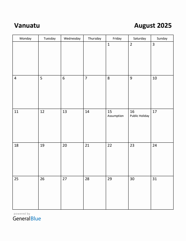 August 2025 Calendar with Vanuatu Holidays