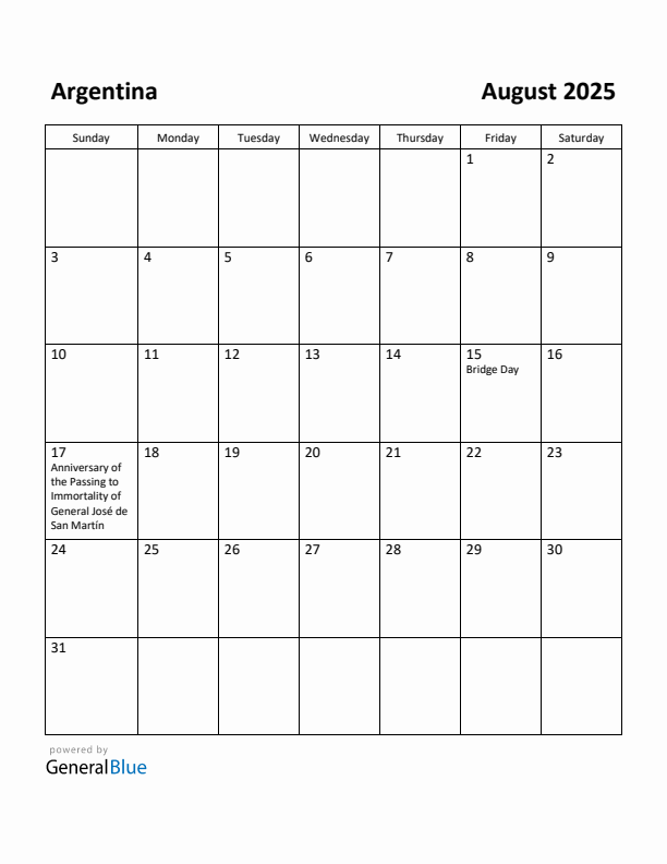 August 2025 Calendar with Argentina Holidays