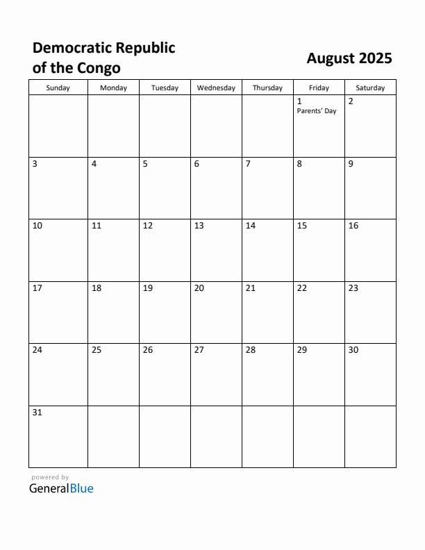 August 2025 Calendar with Democratic Republic of the Congo Holidays