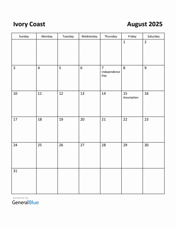 August 2025 Calendar with Ivory Coast Holidays
