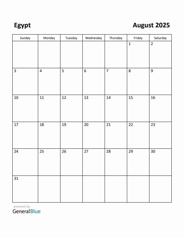 August 2025 Calendar with Egypt Holidays