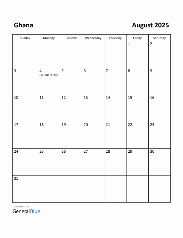 August 2025 Calendar with Ghana Holidays