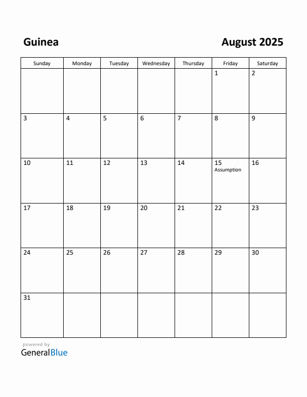 August 2025 Calendar with Guinea Holidays