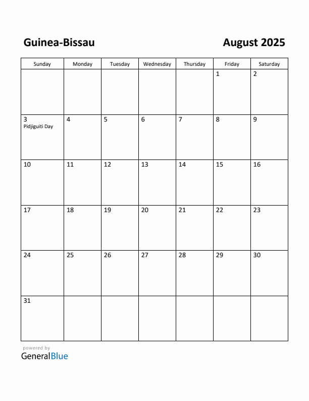 August 2025 Calendar with Guinea-Bissau Holidays