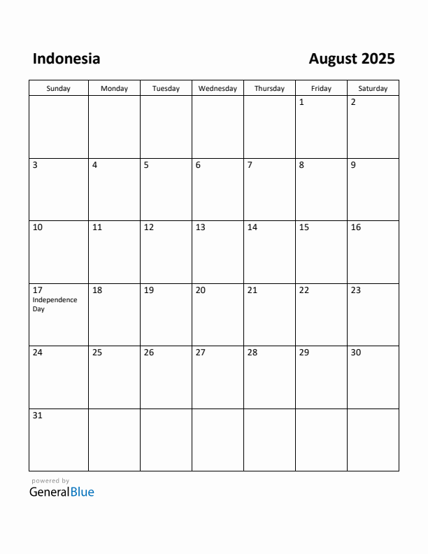 August 2025 Calendar with Indonesia Holidays