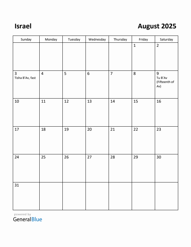 August 2025 Calendar with Israel Holidays