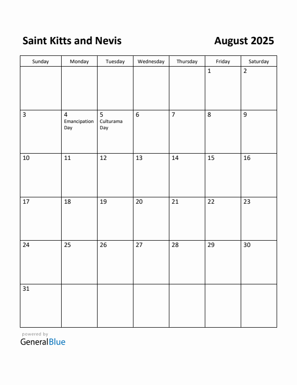 August 2025 Calendar with Saint Kitts and Nevis Holidays