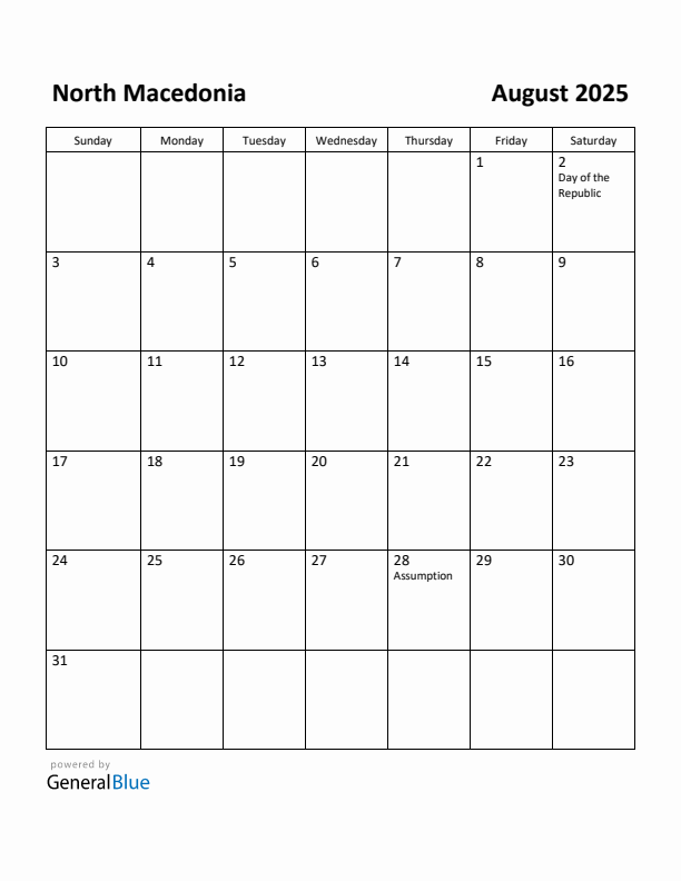 August 2025 Calendar with North Macedonia Holidays