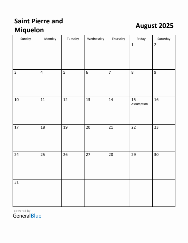 August 2025 Calendar with Saint Pierre and Miquelon Holidays