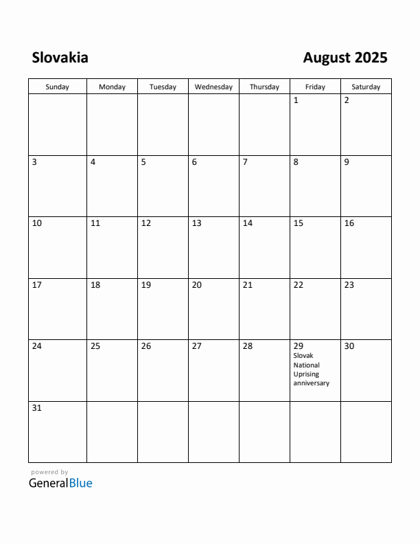 August 2025 Calendar with Slovakia Holidays