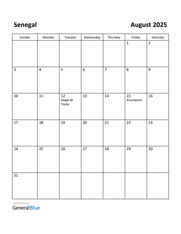 August 2025 Calendar with Senegal Holidays
