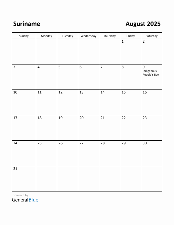 August 2025 Calendar with Suriname Holidays
