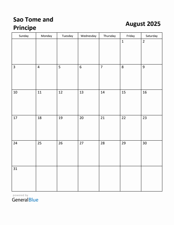 August 2025 Calendar with Sao Tome and Principe Holidays