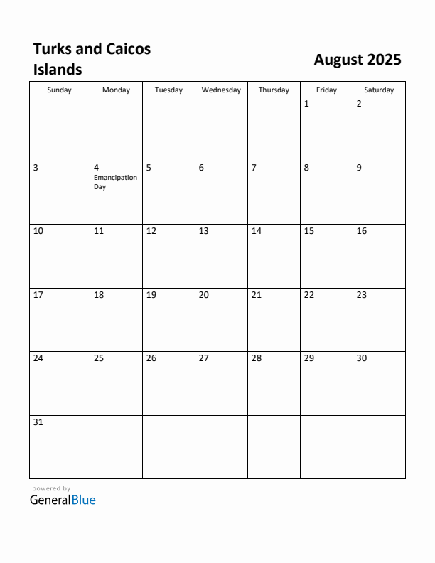 August 2025 Calendar with Turks and Caicos Islands Holidays