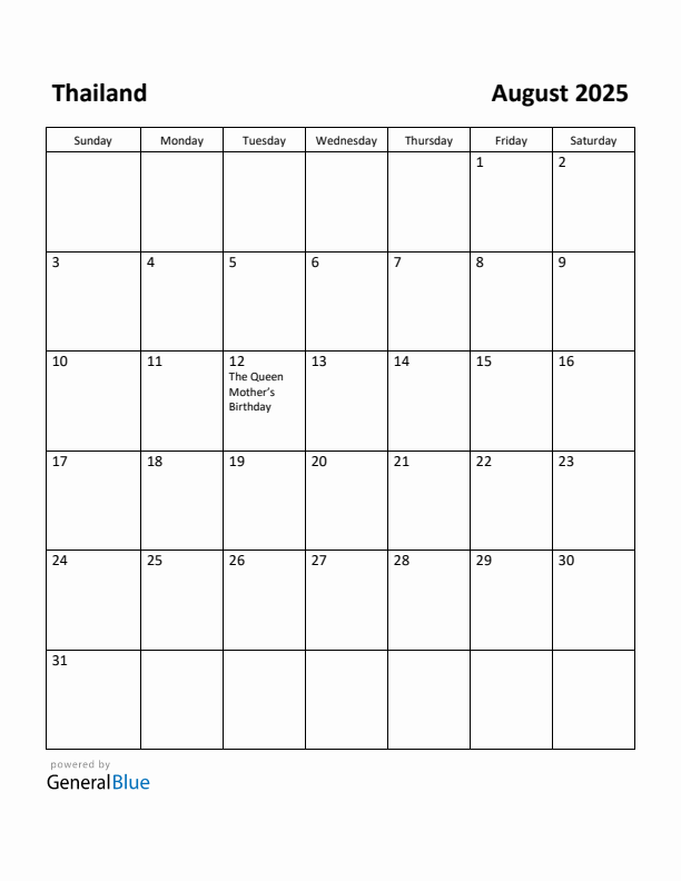 August 2025 Calendar with Thailand Holidays