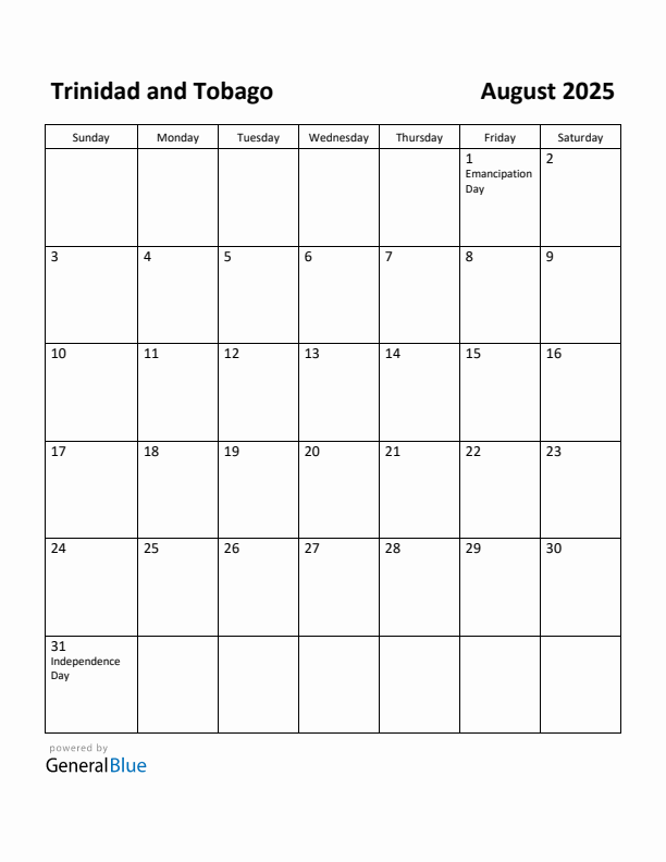 August 2025 Calendar with Trinidad and Tobago Holidays