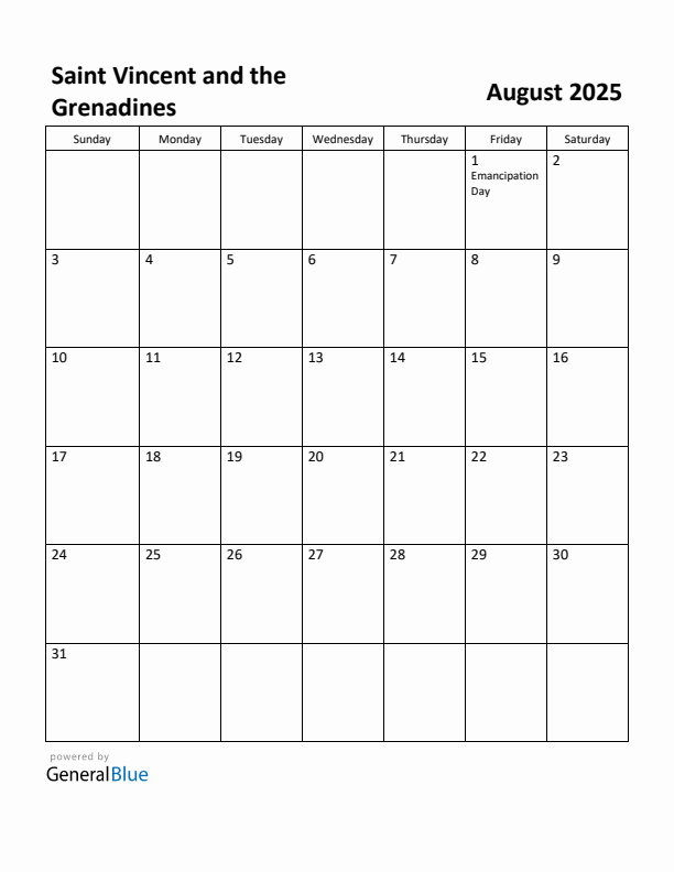 August 2025 Calendar with Saint Vincent and the Grenadines Holidays
