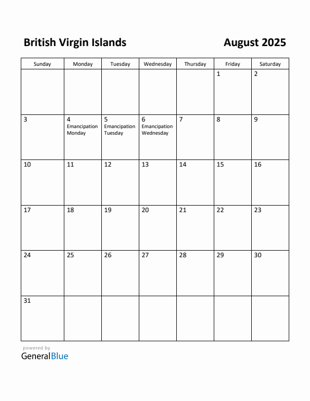 August 2025 Calendar with British Virgin Islands Holidays