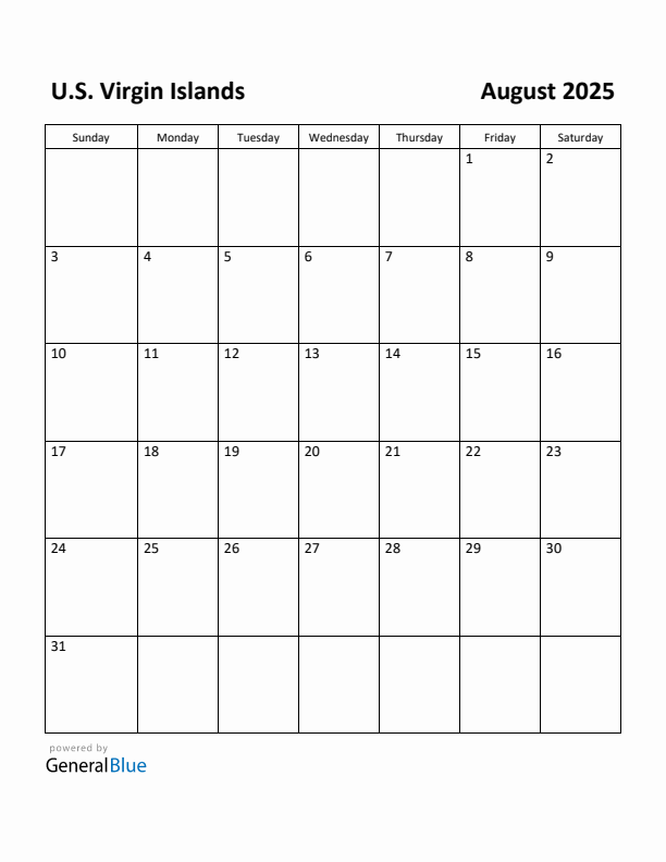 August 2025 Calendar with U.S. Virgin Islands Holidays