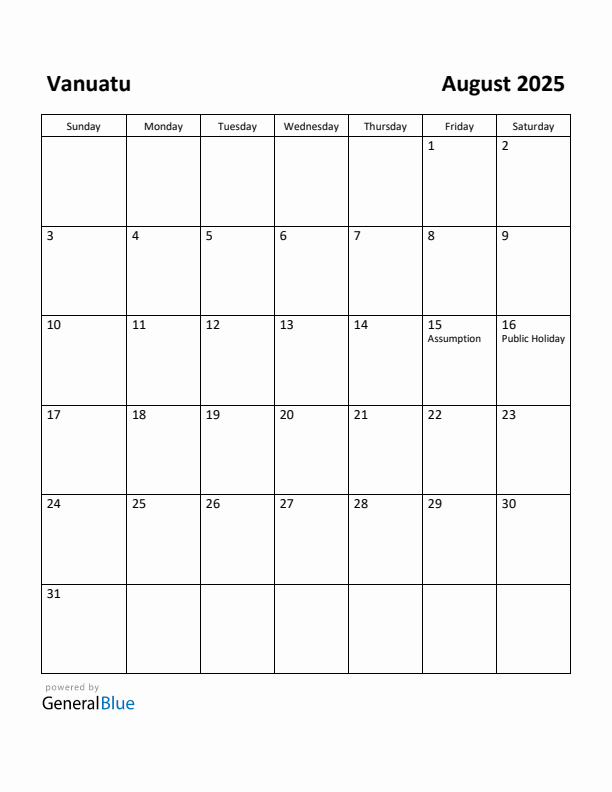 August 2025 Calendar with Vanuatu Holidays