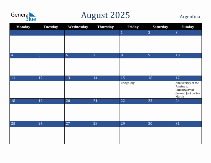 August 2025 Argentina Calendar (Monday Start)