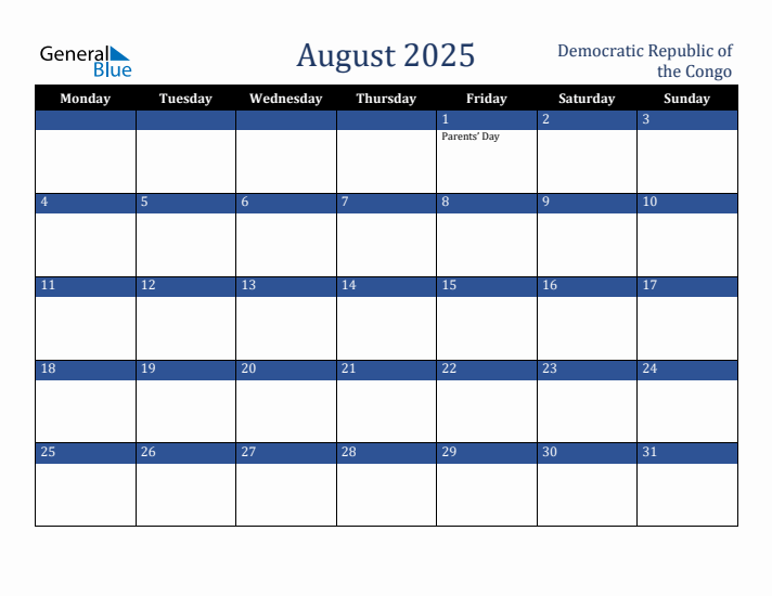 August 2025 Democratic Republic of the Congo Calendar (Monday Start)