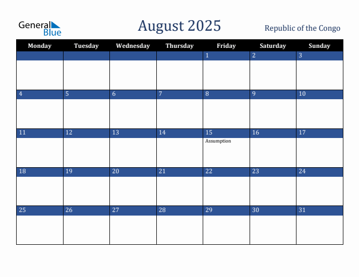 August 2025 Republic of the Congo Calendar (Monday Start)