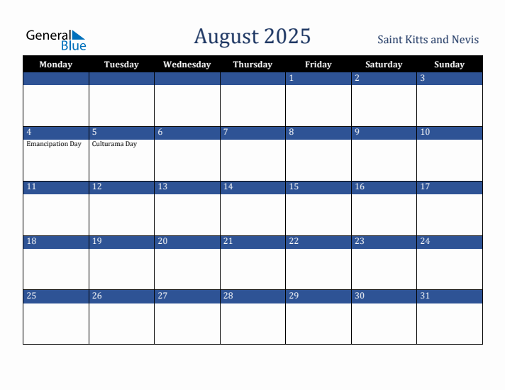 August 2025 Saint Kitts and Nevis Calendar (Monday Start)