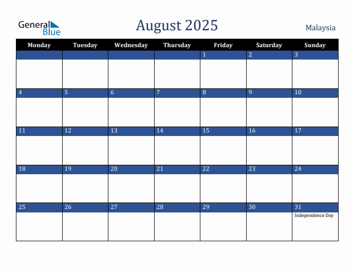 August 2025 Malaysia Calendar (Monday Start)