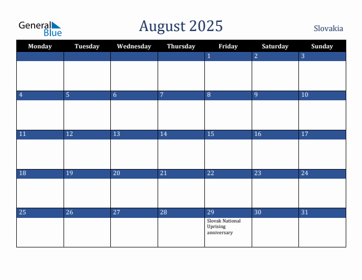 August 2025 Slovakia Calendar (Monday Start)