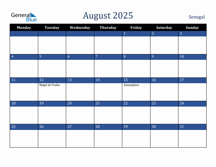 August 2025 Senegal Calendar (Monday Start)