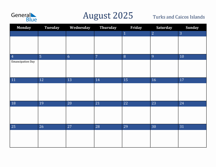 August 2025 Turks and Caicos Islands Calendar (Monday Start)