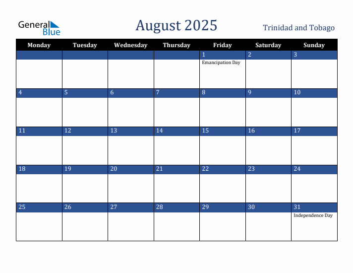 August 2025 Trinidad and Tobago Calendar (Monday Start)