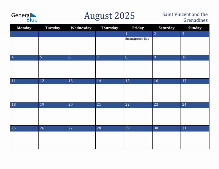 August 2025 Saint Vincent and the Grenadines Calendar (Monday Start)