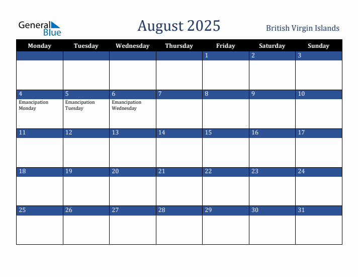 August 2025 British Virgin Islands Calendar (Monday Start)