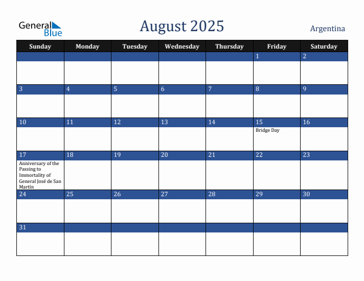 August 2025 Argentina Calendar (Sunday Start)
